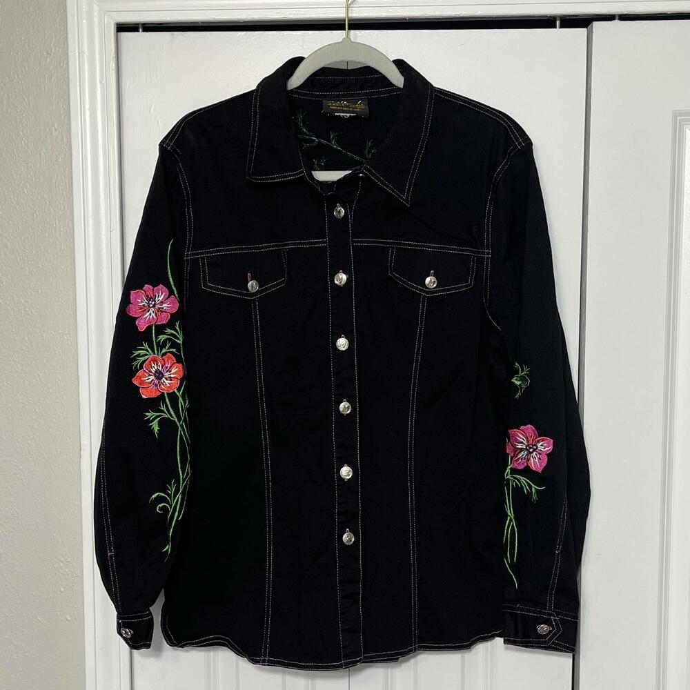 Vintage Bob Mackie Jacket Womens XL Black Floral Embroidered Denim Wearable Art
